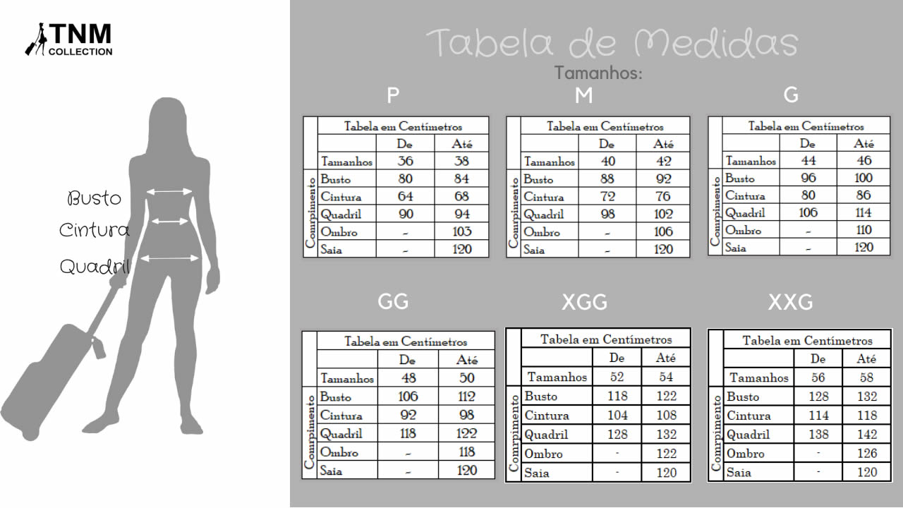 Tabela com as Medidas de tamanho