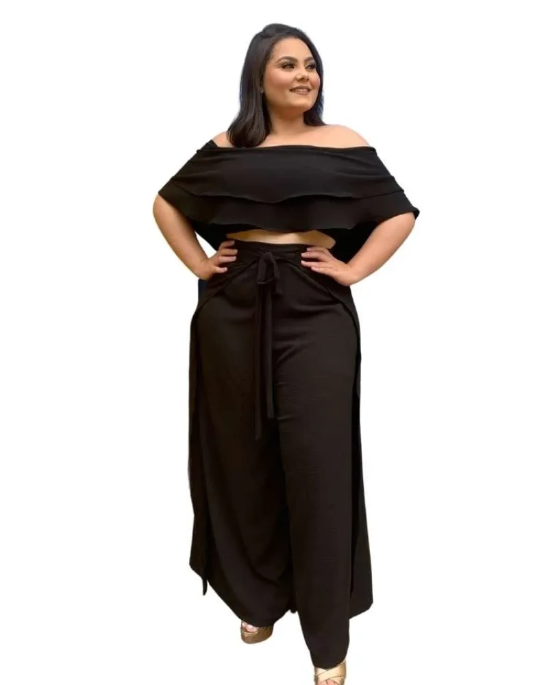 Conjunto Cropped Ciganinha Preto e Calça Envelope