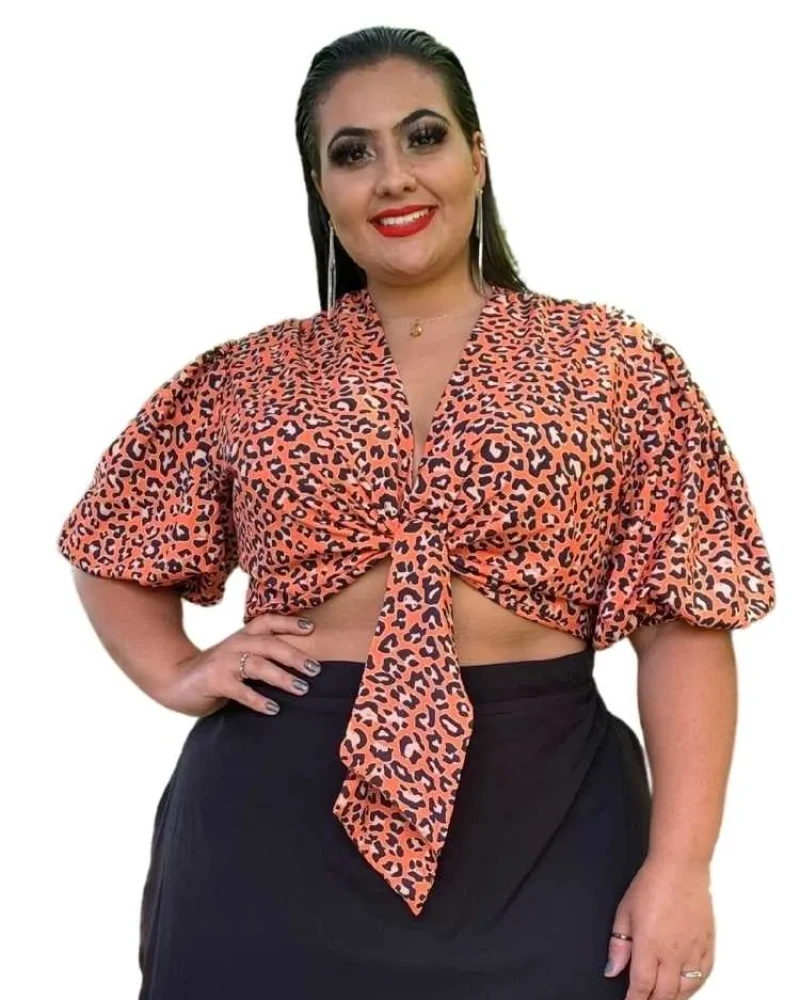 Cropped Amarração Manga Bufante Estampa Animal Print