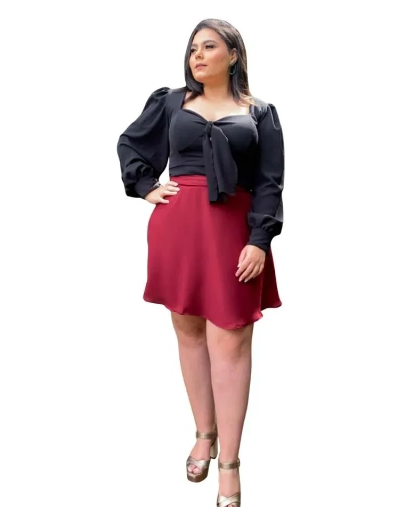 Conjunto Cropped dos Anjos Manga Bufante e Saia Curta