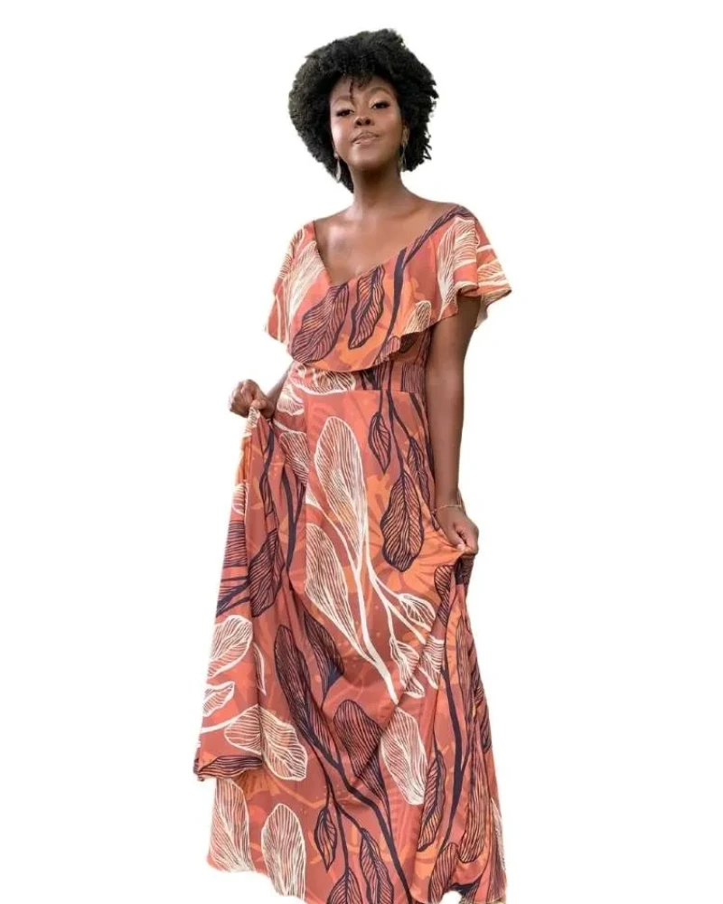 Vestido Longo Terracota Estampado Sara