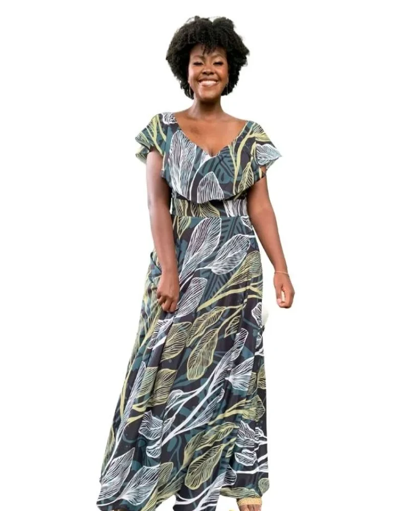 Vestido Longo Verde Esmeralda Estampado Sara