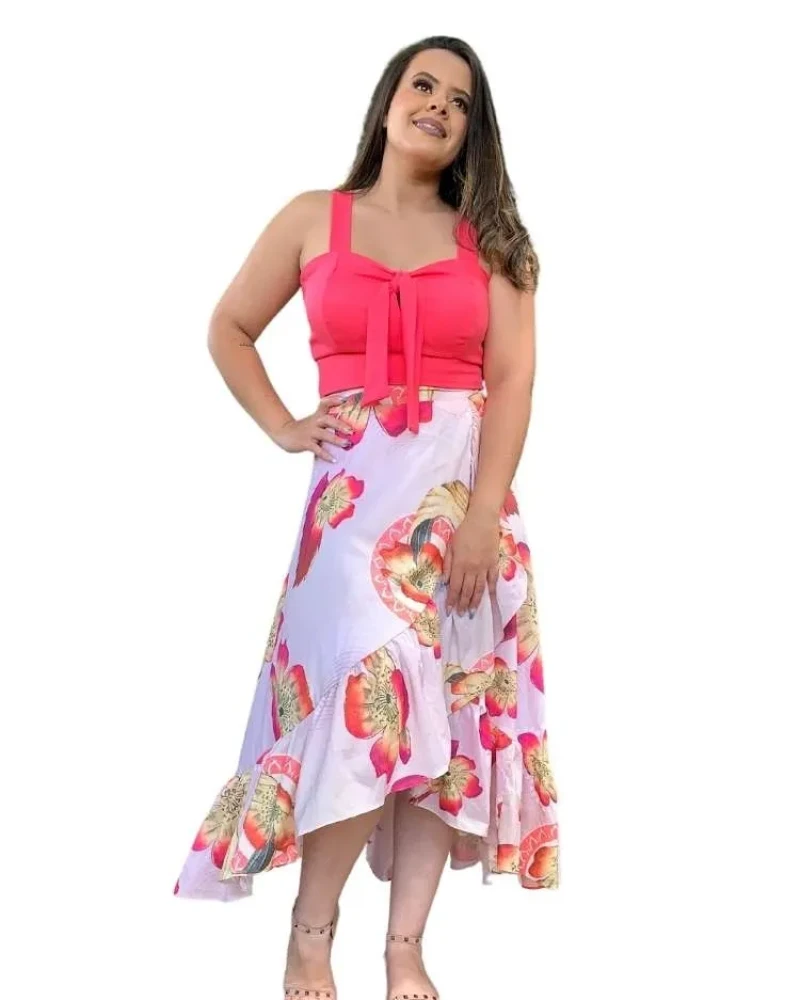 Conjunto Cropped Salmão e Saia Envelope