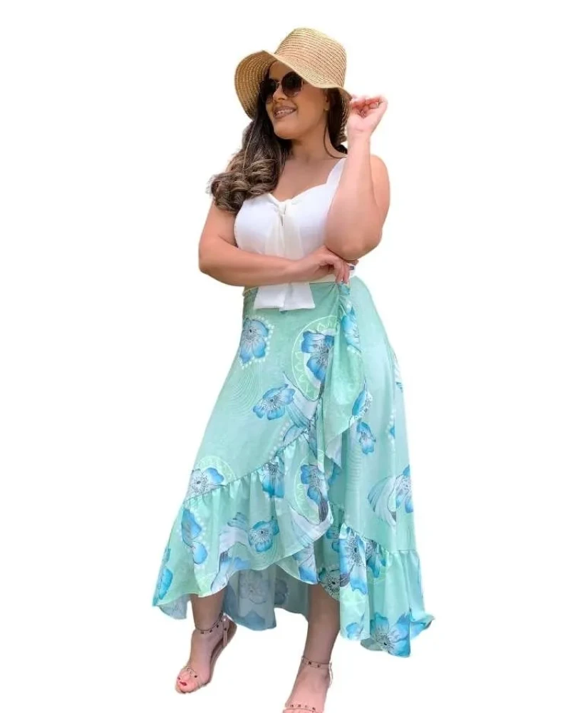 Conjunto Cropped Branco e Saia Envelope Floral