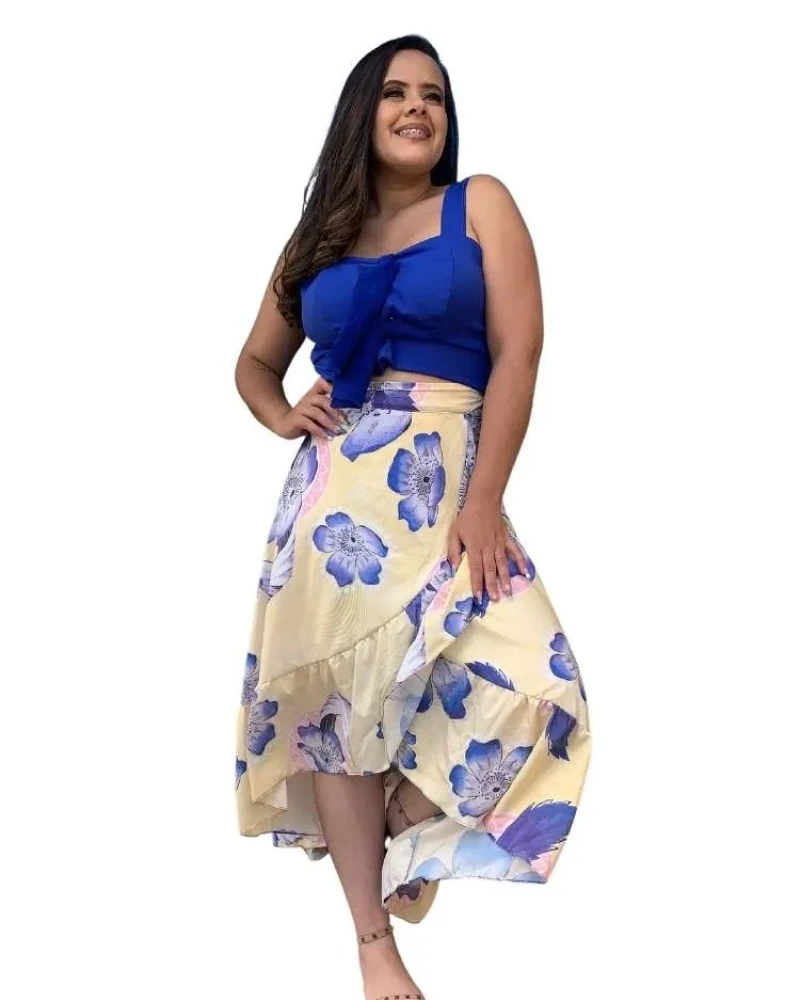 Conjunto Cropped Azul Royal e Saia Envelope Floral