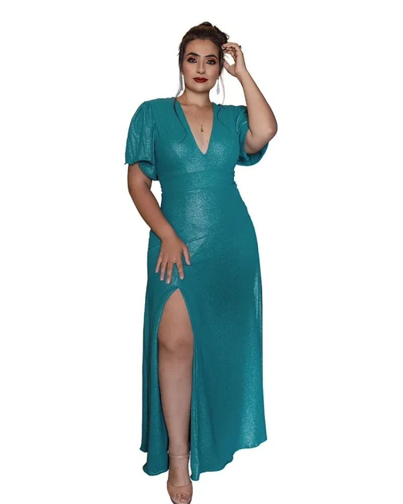 Vestido Longo de Festa Verde Esmeralda Brilhante Luana