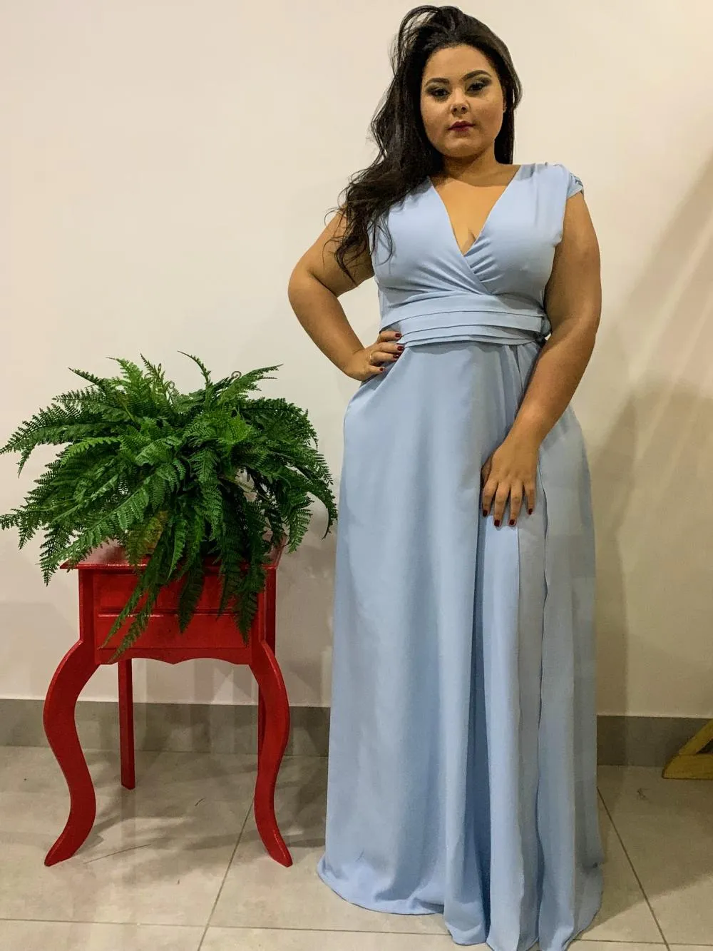Vestido Longo Madrinha de Casamento Azul bebê Plus size Alice Fan