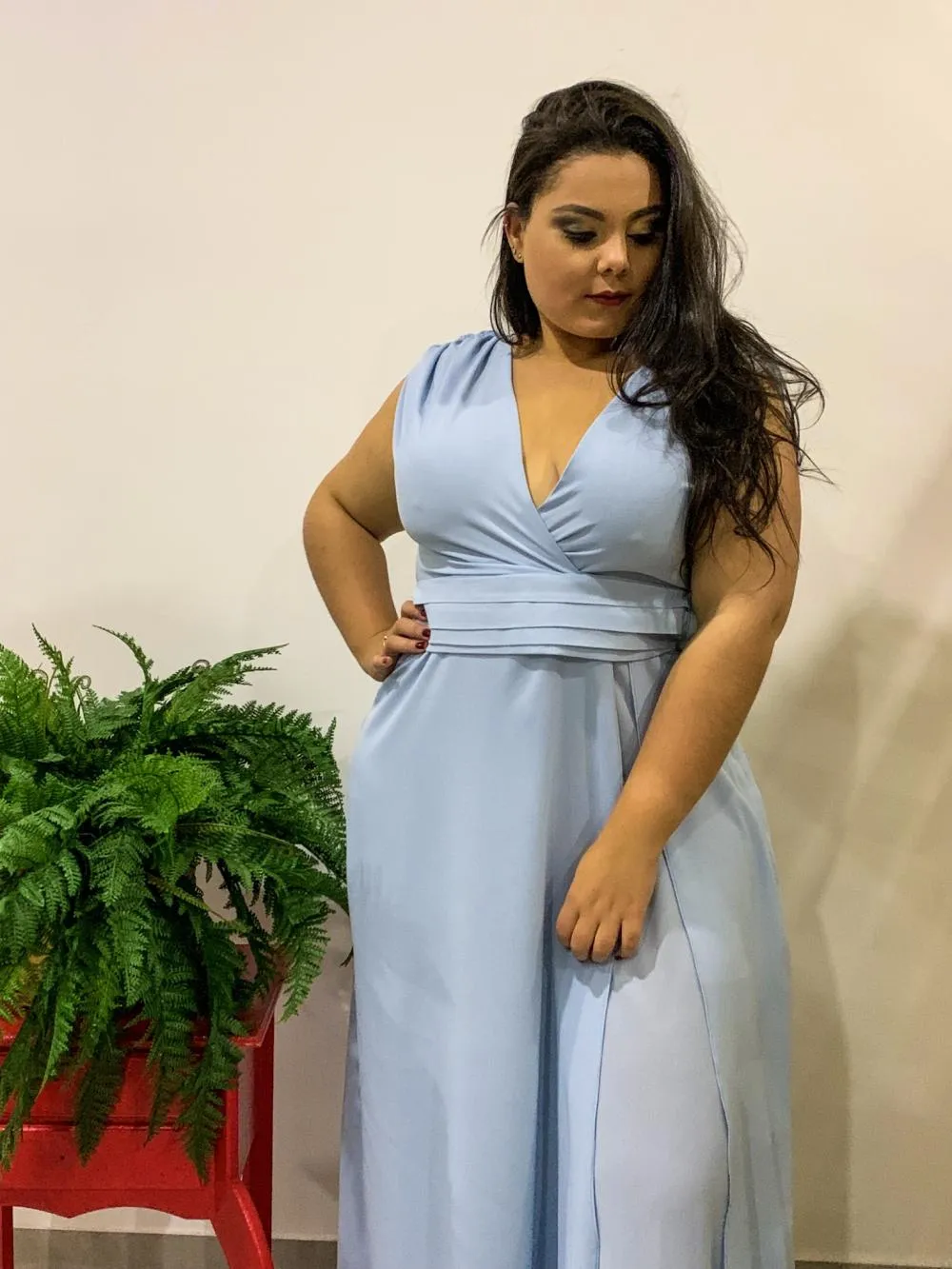 Vestido Longo Madrinha de Casamento Azul bebê Plus size Alice Fan
