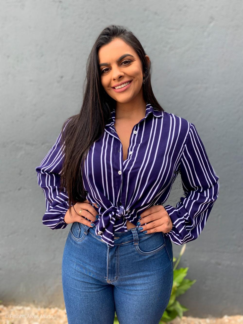 Camisa de manga longa Listrada Azul Carla