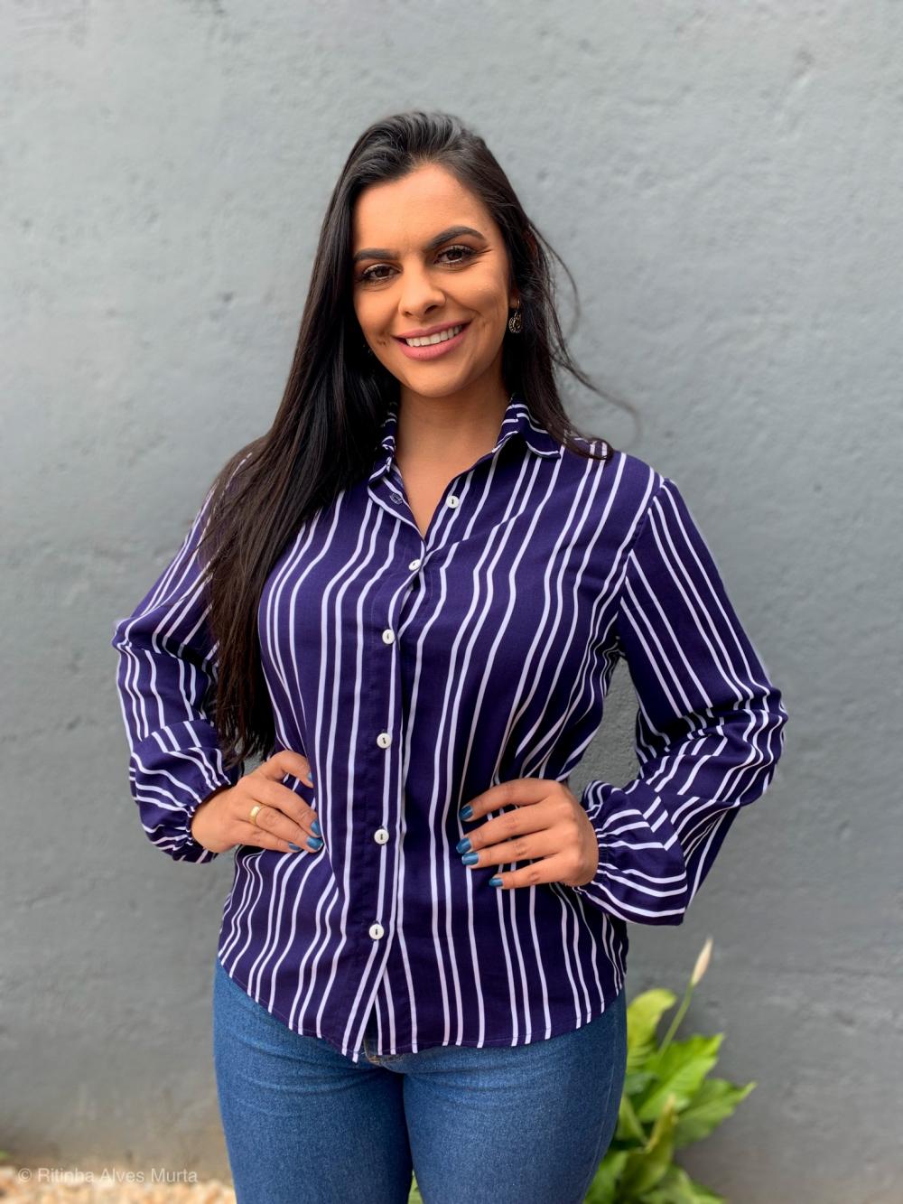 Camisa de manga longa Listrada Azul Carla