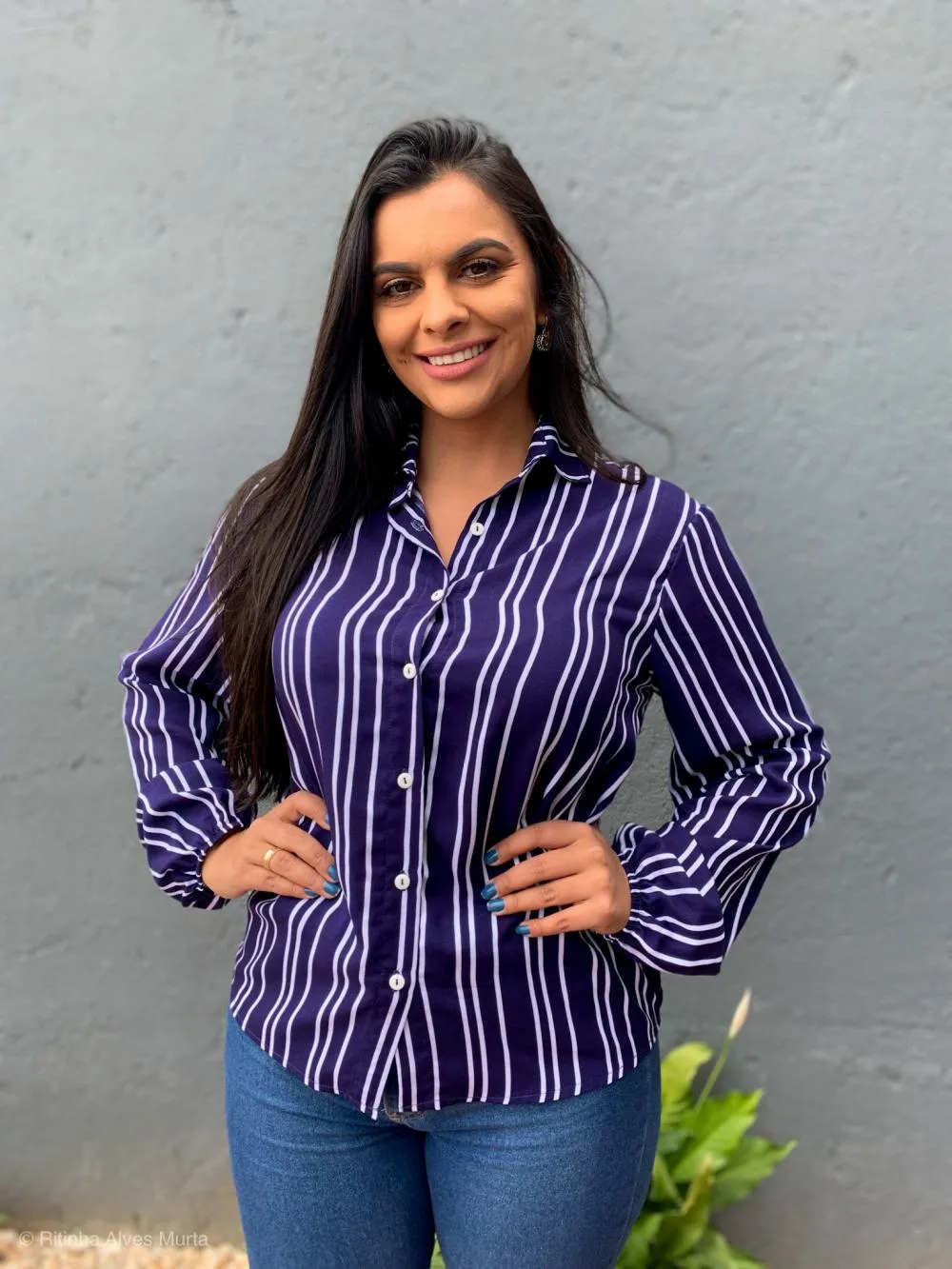 Camisa de manga longa Listrada Azul Carla