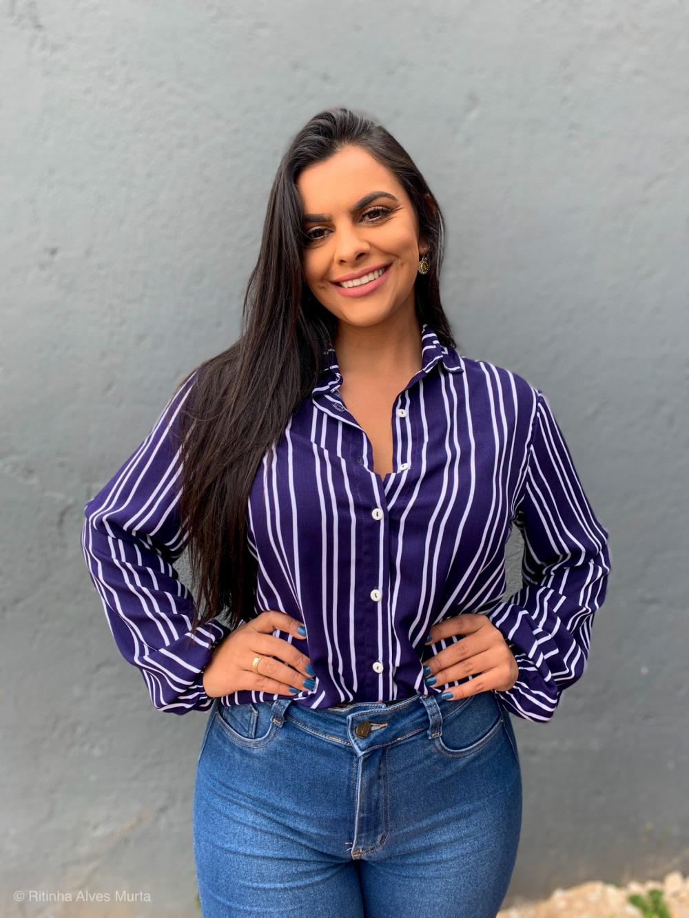 Camisa de manga longa Listrada Azul Carla