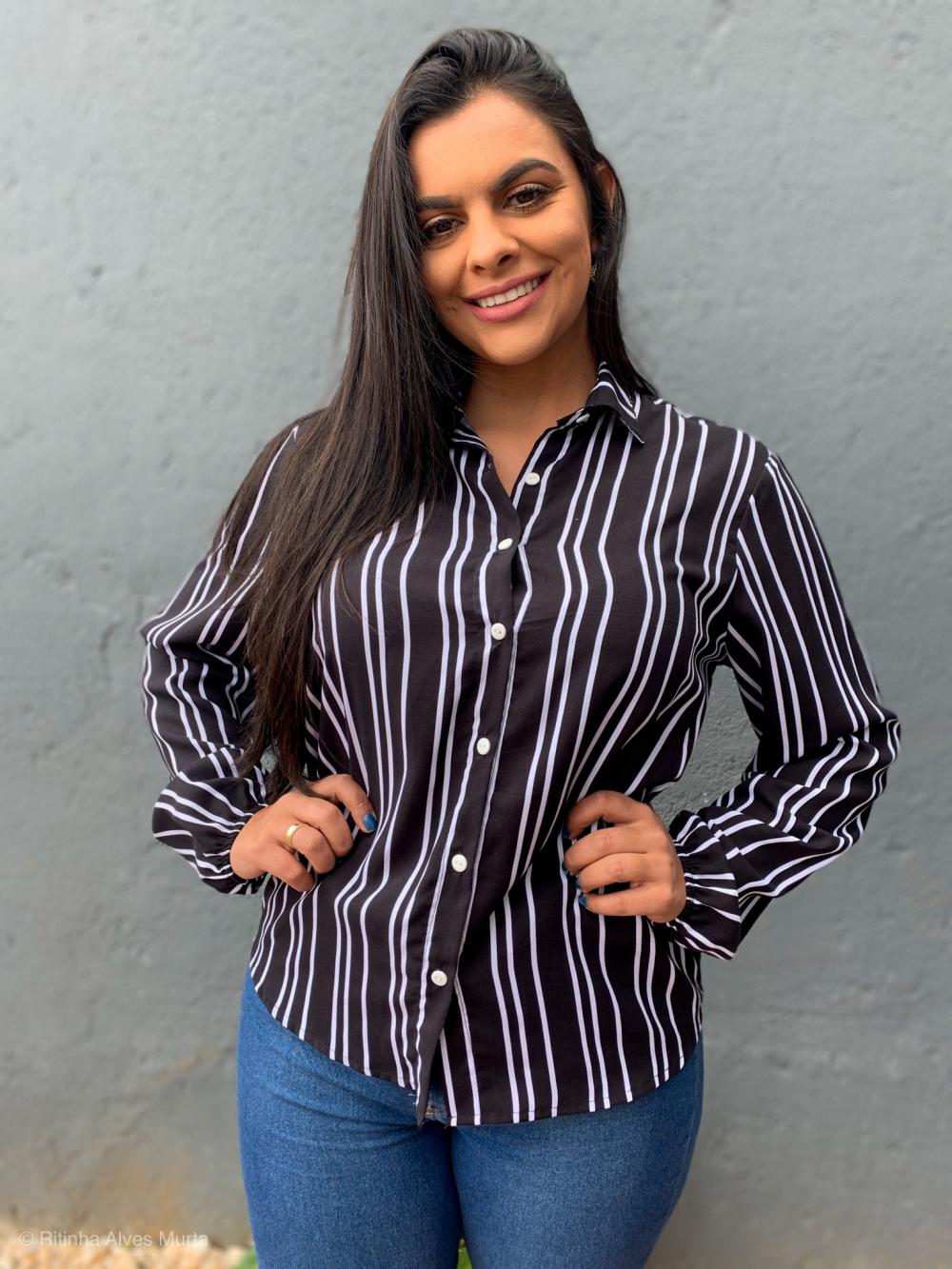 Camisa de manga longa Listrada Preta Carla 