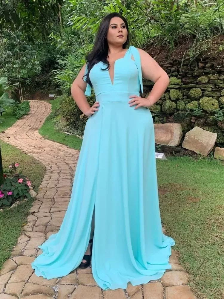 Vestido Madrinha de Casamento  Verde Tiffany com decote Ana Julia 