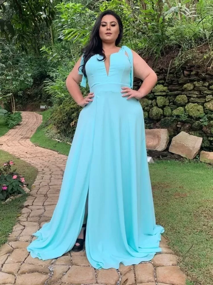 Vestido Madrinha de Casamento  Verde Tiffany com decote Ana Julia 