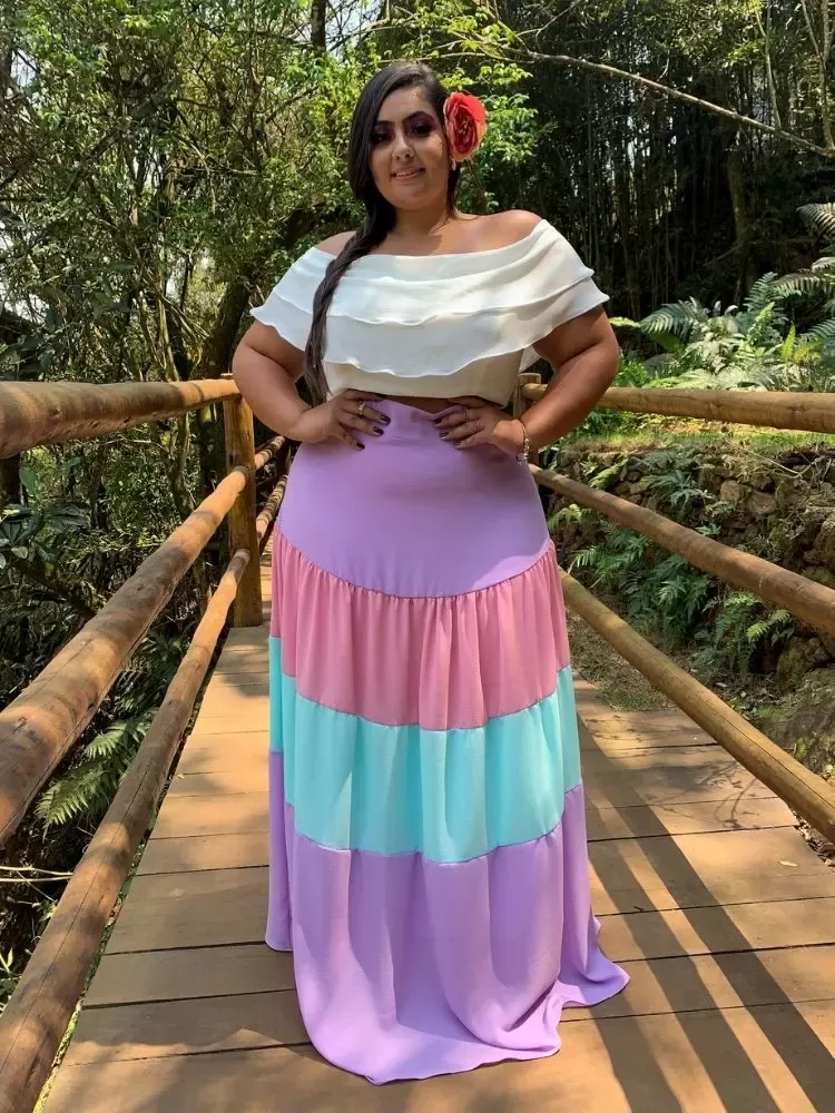 Conjunto Cropped Ciganinha + Saia Colorida