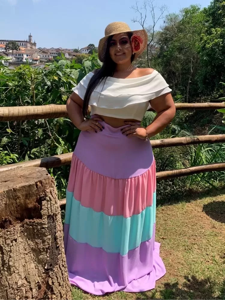 Conjunto Cropped Ciganinha + Saia Colorida