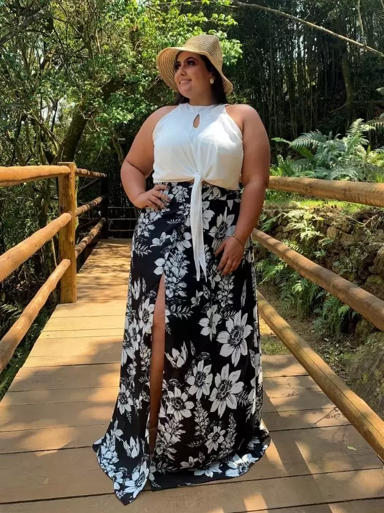 Conjunto Blusa Com Amarração + Saia Estampada Preta