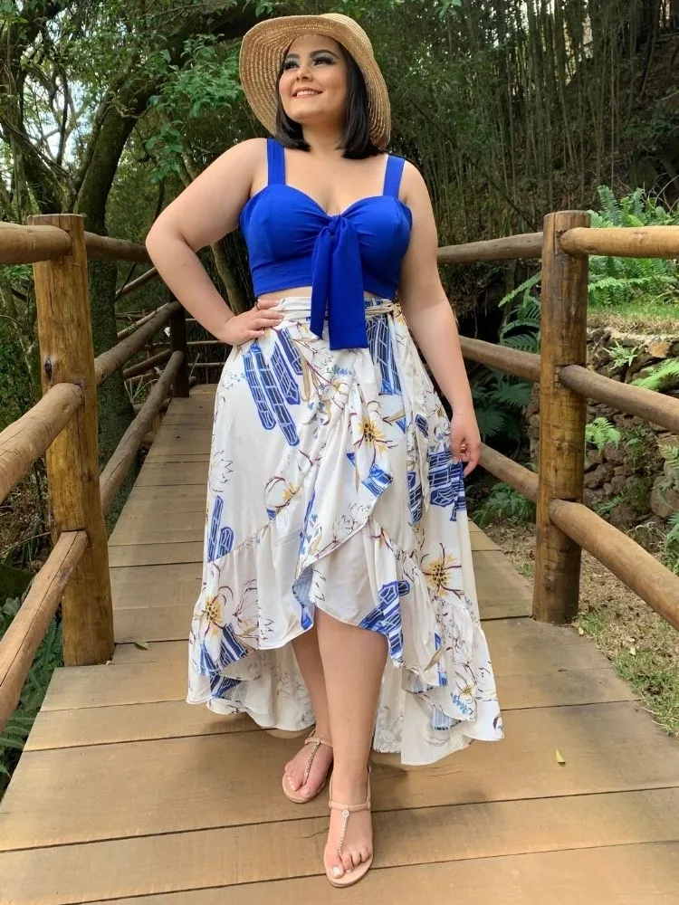 Conjunto Cropped Azul Royal + Saia Envelope