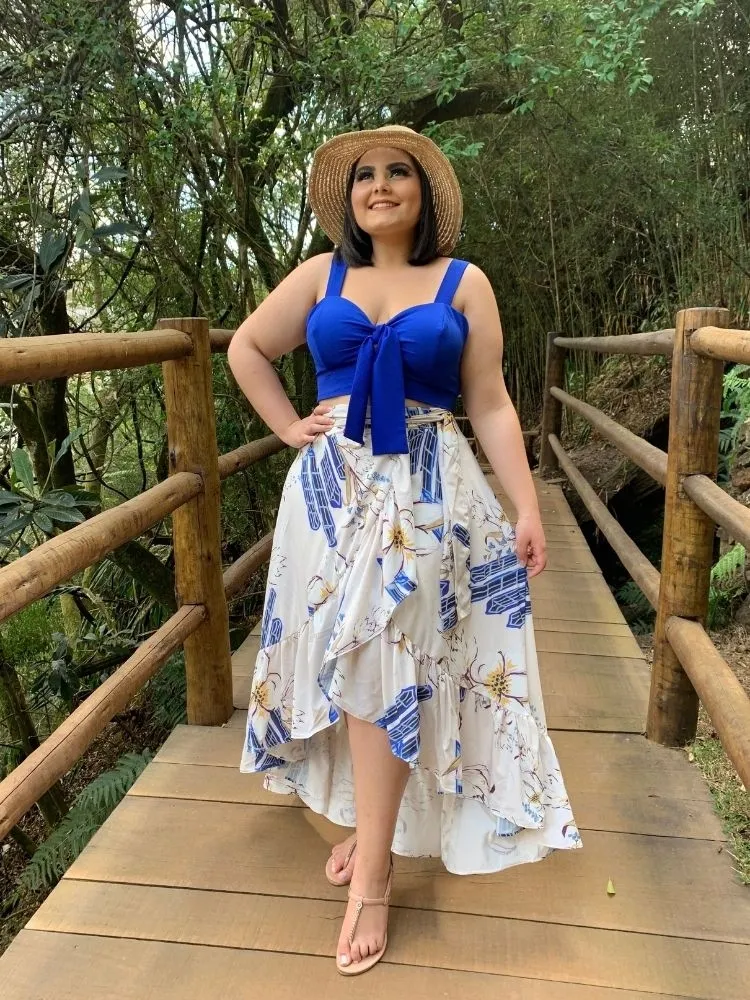 Conjunto Cropped Azul Royal + Saia Envelope