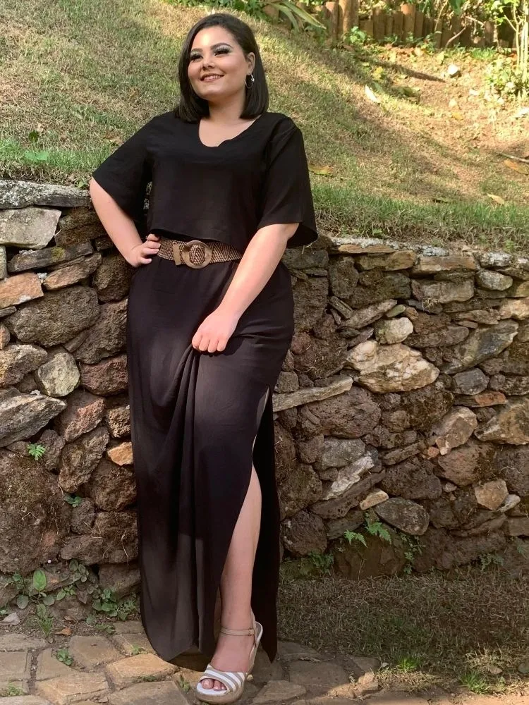 Conjunto Cropped Soltinho + Saia Longa com Fendas Laterais