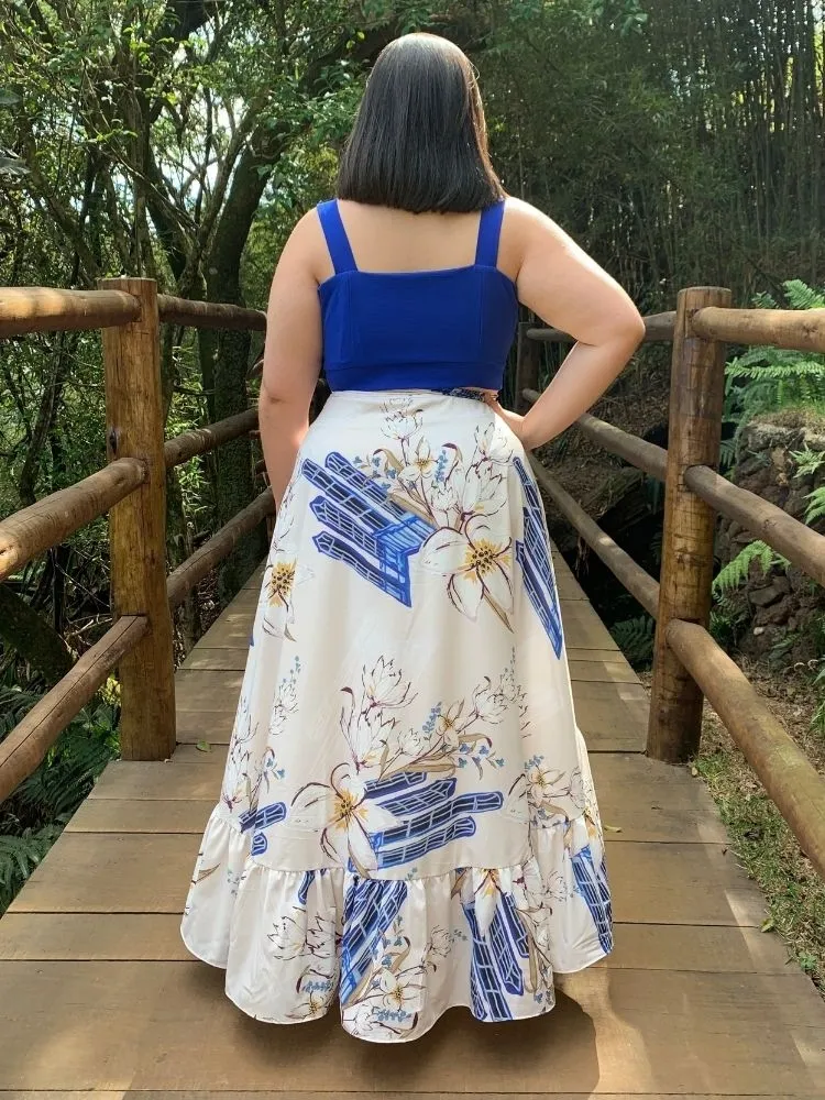 Saia Envelope Babado Estampado Branco