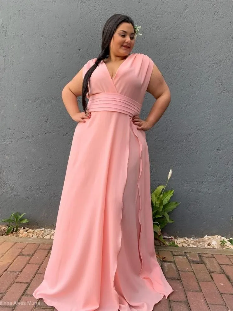 Vestido Longo Madrinha da Casamento Rosa Bebê Plus Size Alice Fan
