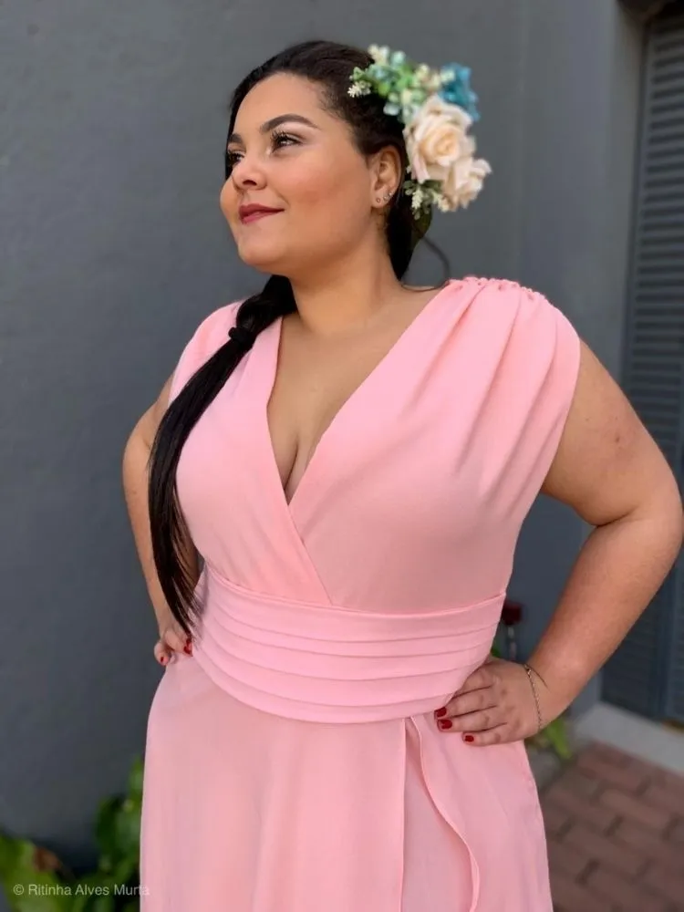 Vestido Longo Madrinha da Casamento Rosa Bebê Plus Size Alice Fan