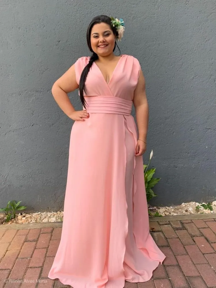 Vestido Longo Madrinha da Casamento Rosa Bebê Plus Size Alice Fan