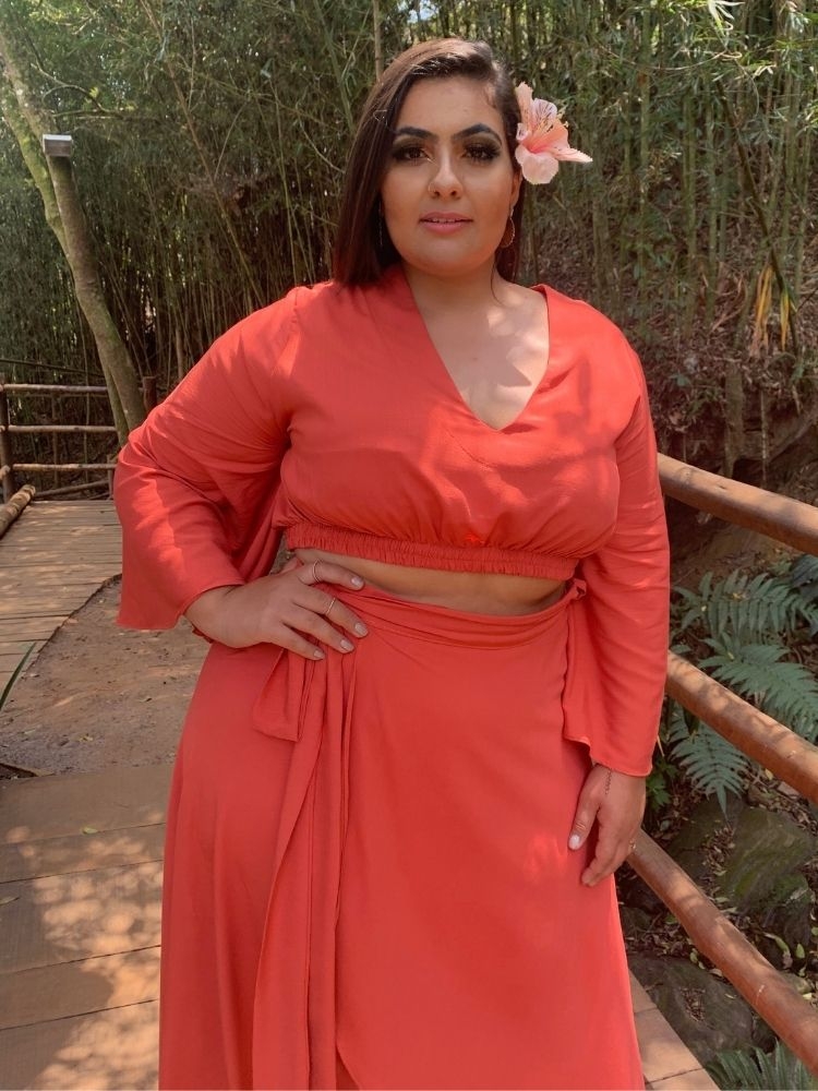 Conjunto Cropped com Manga + Saia Mullet Coral