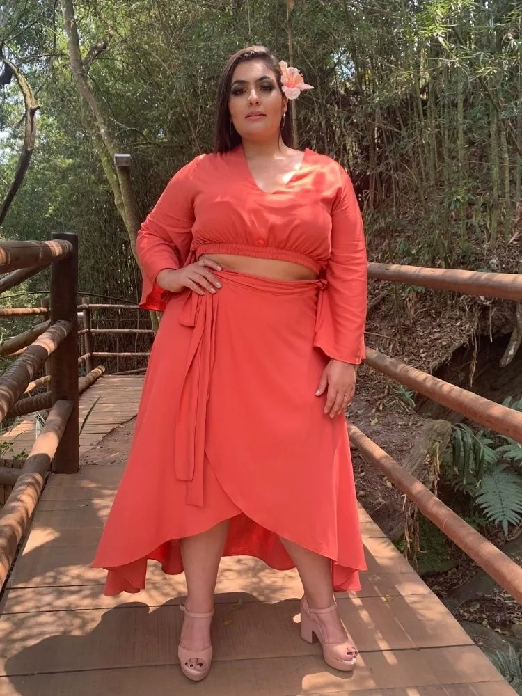 Conjunto Cropped com Manga + Saia Mullet Coral