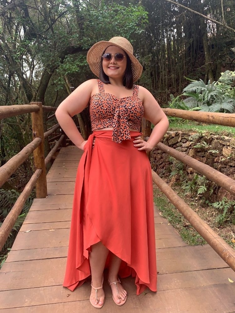 Conjunto Cropped Animal Print + Saia Envelope Redonda