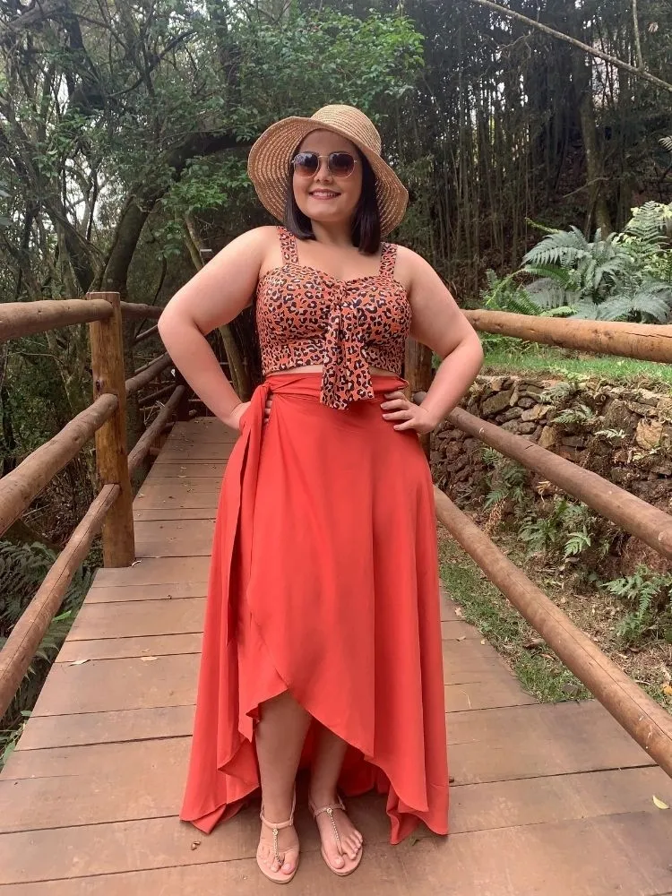 Conjunto Cropped Animal Print + Saia Envelope Redonda