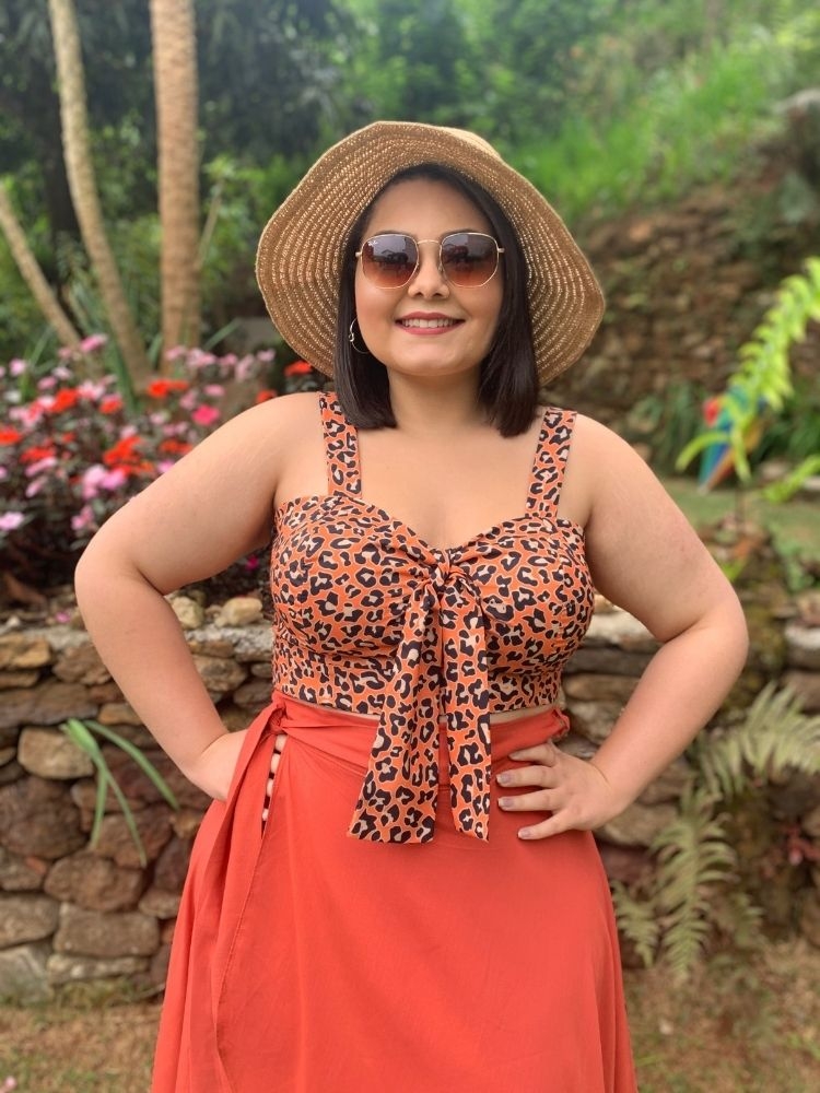 Conjunto Cropped Animal Print + Saia Envelope Redonda