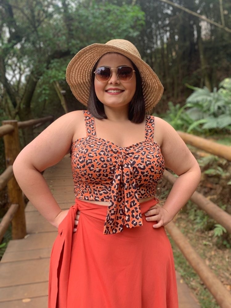 Conjunto Cropped Animal Print + Saia Envelope Redonda