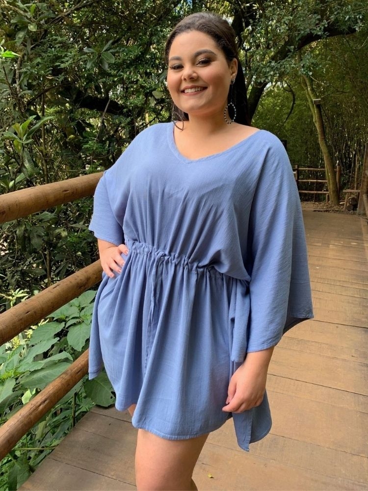 Vestido Kimono Cibele Pronta Entrega Cinza Azulado