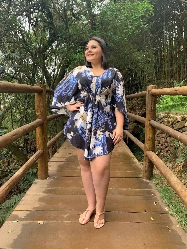 Vestido Kimono Kamila Pronta Entrega Estampado Preto