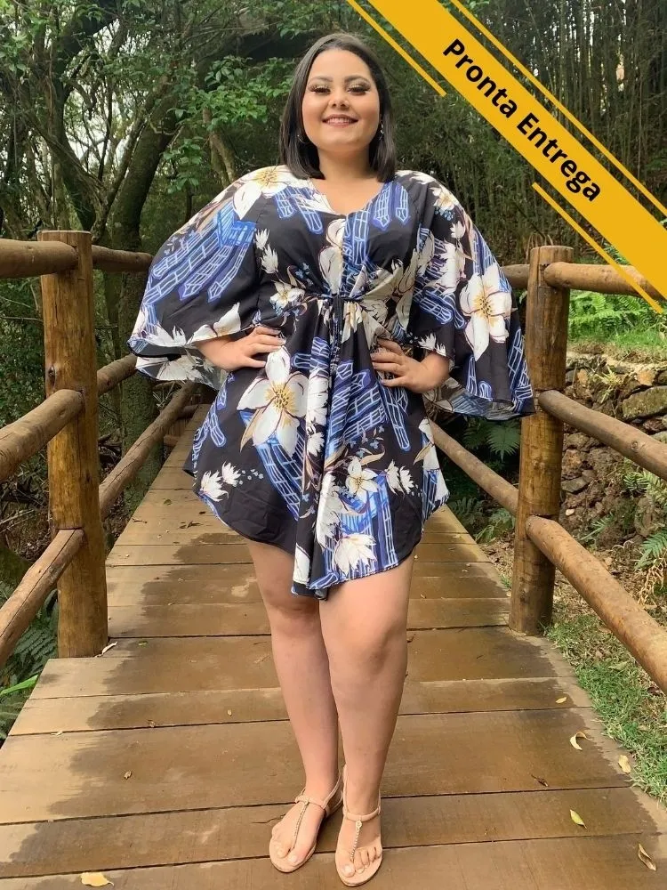 Vestido Kimono Kamila Pronta Entrega Estampado Preto