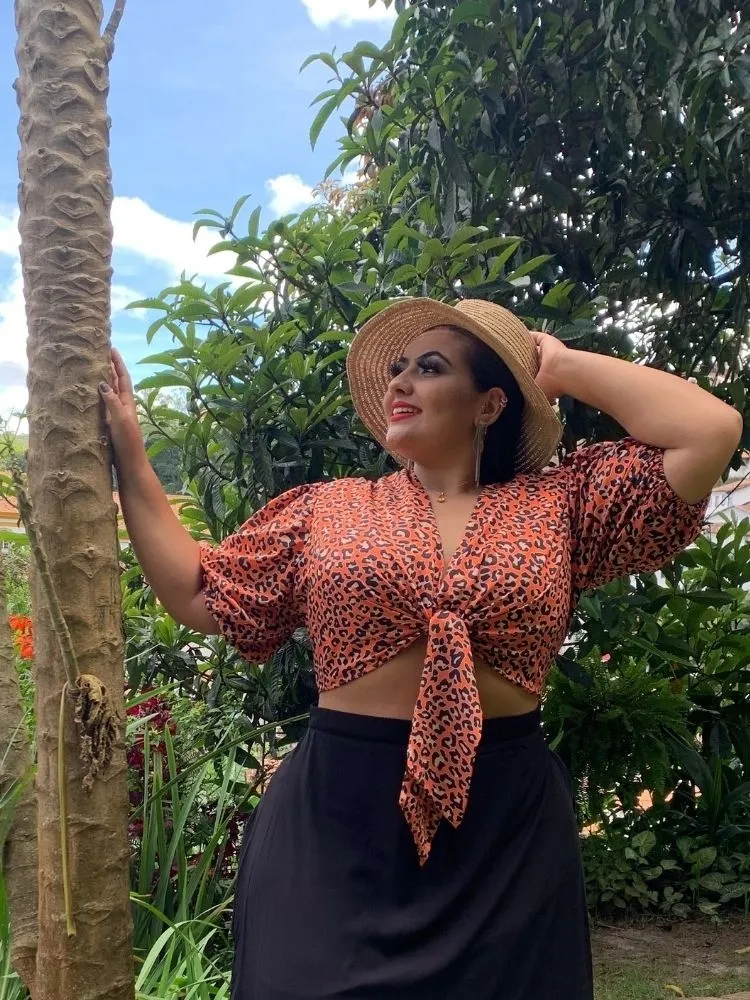 Cropped Amarração Manga Bufante Estampa Animal Print
