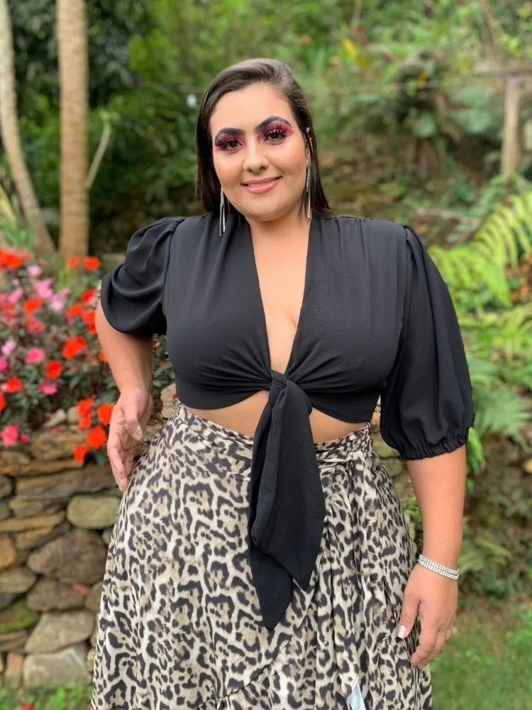 Cropped Manga Bufante e Saia Envelope Babado Animal Print