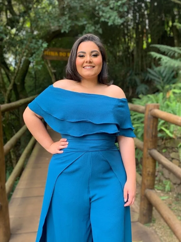Conjunto Cropped Ciganinha Azul Turquesa e Calça Envelope