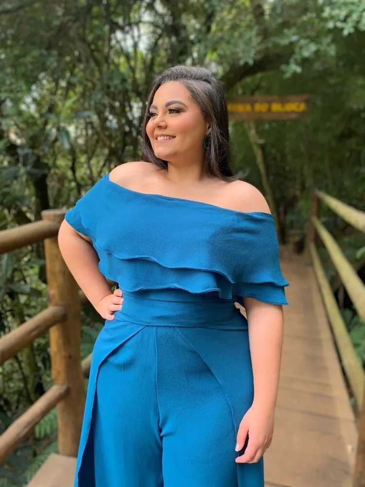Conjunto Cropped Ciganinha Azul Turquesa e Calça Envelope