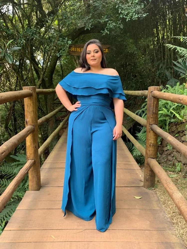 Conjunto Cropped Ciganinha Azul Turquesa e Calça Envelope