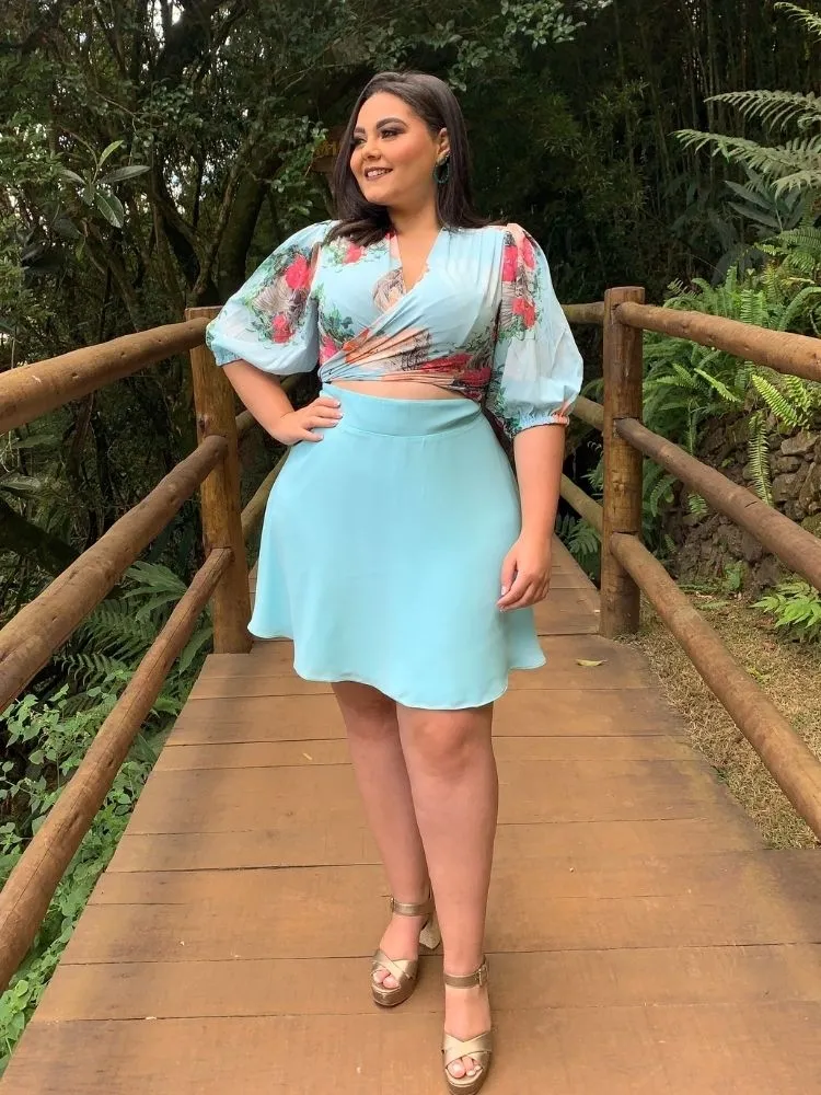 Conjunto Cropped Dos Anjos e Saia Curta Azul Tiffany
