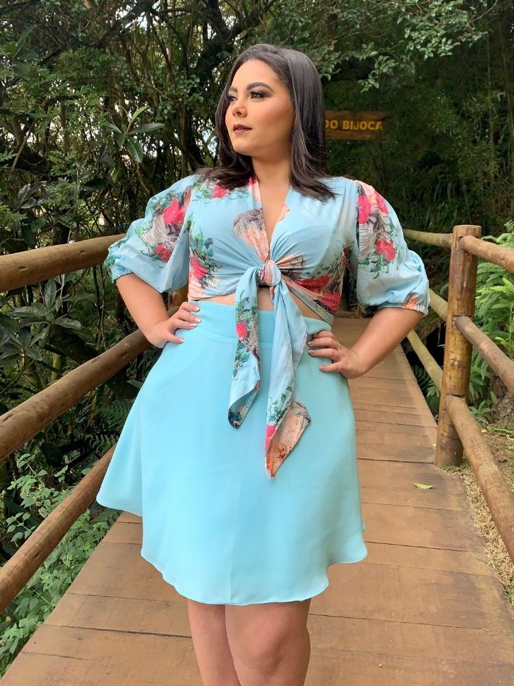 Conjunto Cropped Dos Anjos e Saia Curta Azul Tiffany