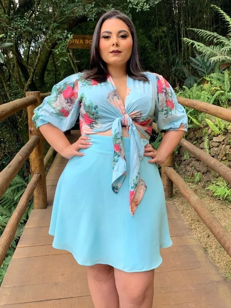 Conjunto Cropped Dos Anjos e Saia Curta Azul Tiffany