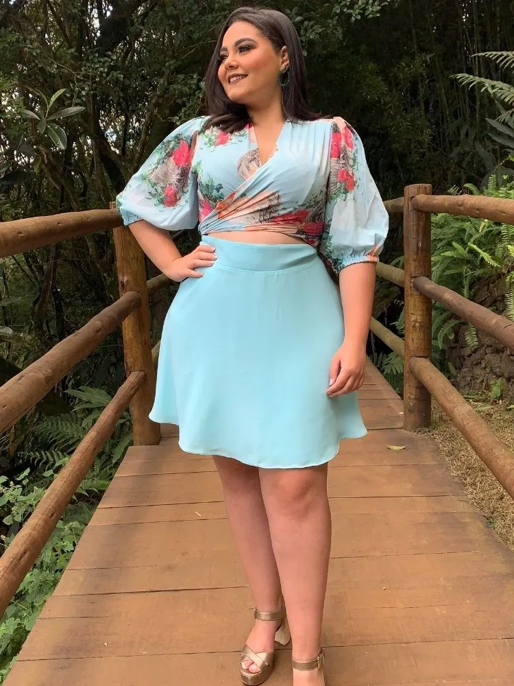 Conjunto Cropped Dos Anjos e Saia Curta Azul Tiffany