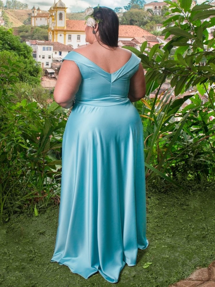 Vestido Longo Madrinha de Casamento Vanessa Verde sem fenda Azul Serenity