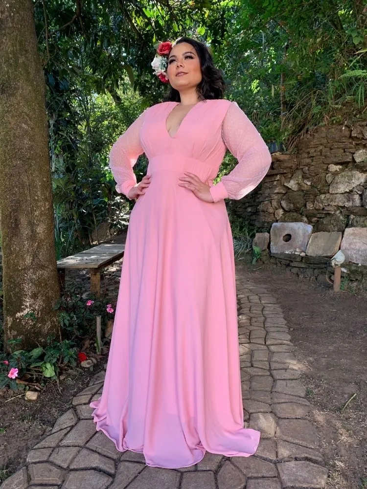 Vestido Longo de Festa Caroline Rosa Chiclete