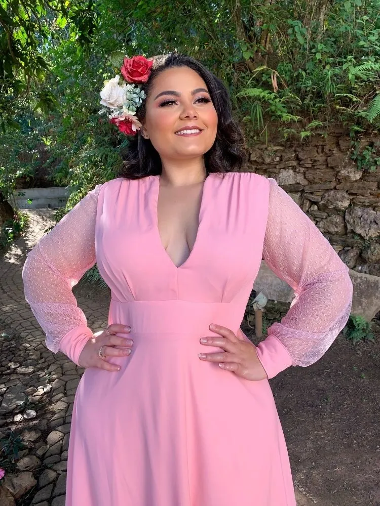 Vestido Longo de Festa Caroline Rosa Chiclete